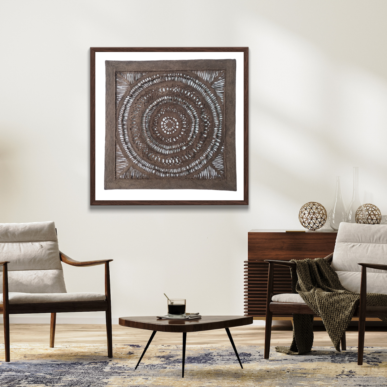 Arte Mural Mexicano Hecho a Mano en Papel Amate – Arte Mexicano Moderno (sin marco) - 23.62 in x 23.62 in - Con Nudos - Marrón Oscuro.